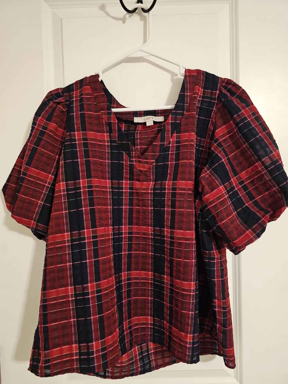 LOFT Red and Navy Plaid V-Neck Blouse